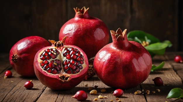 Fresh Pomegranates on a Wooden Table with Seeds Scattered