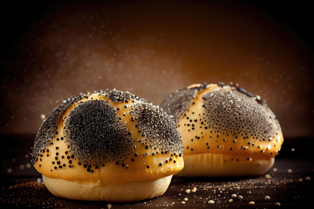 Fresh poppy seed buns sprinkled with poppy seeds