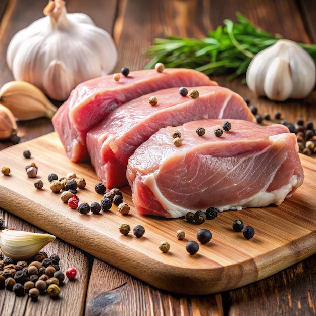 Photo fresh pork meat on a cutting board with herbs and spices in a rustic kitchen generative ai