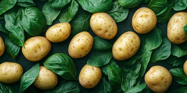 Photo fresh potatoes scattered among vibrant basil leaves create a natural and organic feel perfect for food photography or culinary projects this image highlights simplicity and freshness ai