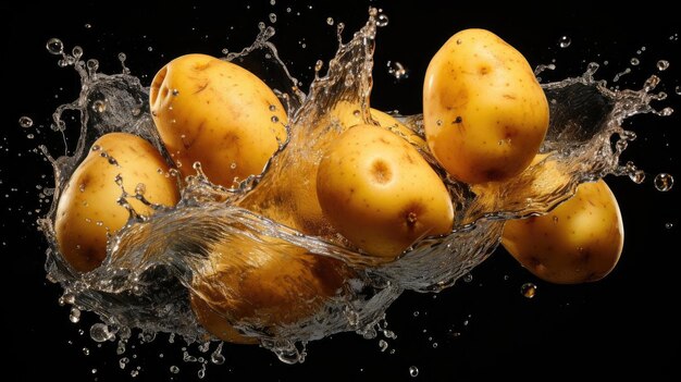 fresh potatoes splashed with water on black and blurred background