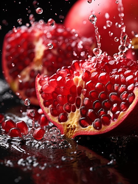 Photo a fresh premium pomegranate with water drops background 4k