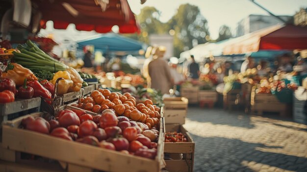 Photo fresh produce at a busy farmers market stall