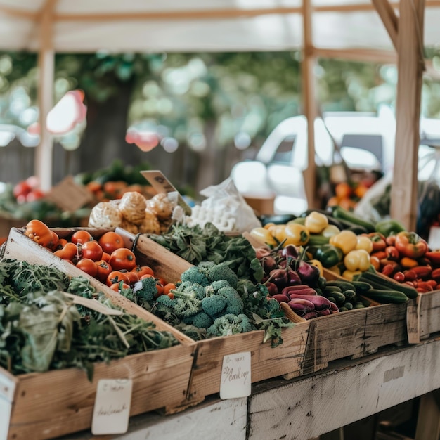 Photo fresh produce displayed in wooden crates at a farmers market