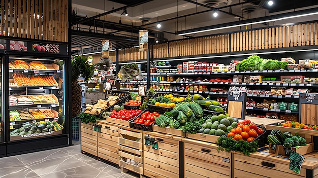 Fresh produce displayed on wooden crates in a modern grocery store