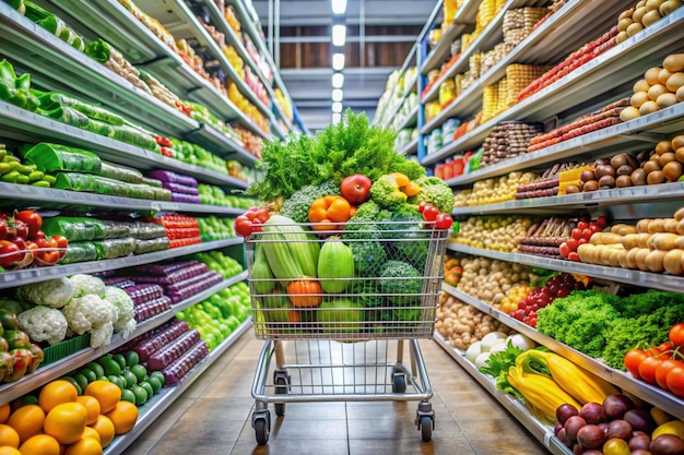 Fresh Produce in Shopping Cart at Supermarket