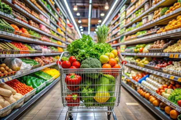 Fresh Produce in Shopping Cart at Supermarket