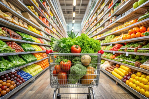 Fresh Produce in Shopping Cart at Supermarket