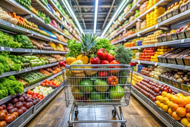 Fresh Produce in Shopping Cart at Supermarket