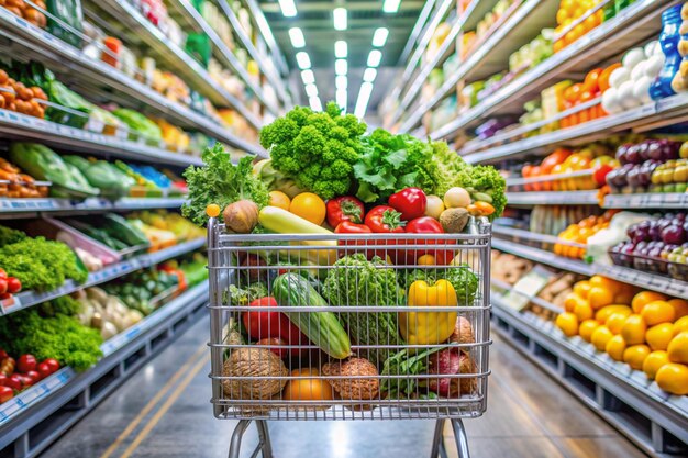 Fresh Produce in Shopping Cart at Supermarket