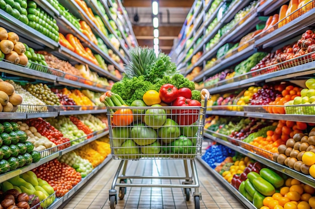 Fresh Produce in Shopping Cart at Supermarket