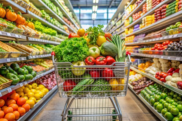 Fresh Produce in Shopping Cart at Supermarket