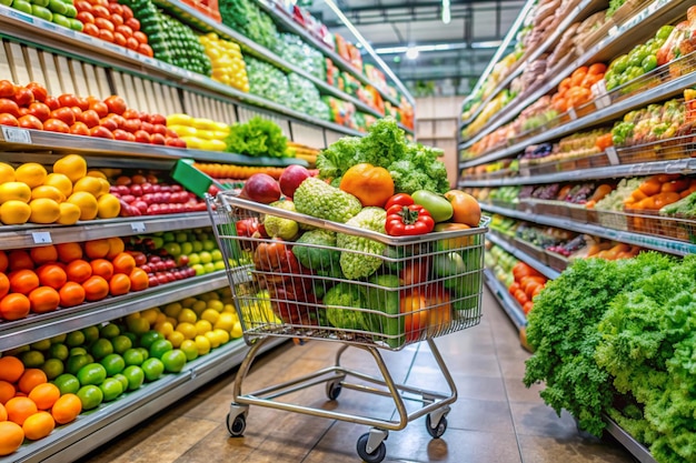 Fresh Produce in Shopping Cart at Supermarket