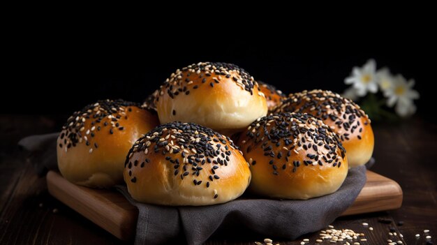 Fresh puffy buns with black sesame seeds and flax seeds closeup AI generated