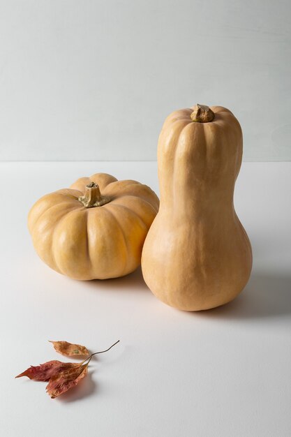 Fresh pumpkins and autumn leaves on a white table.