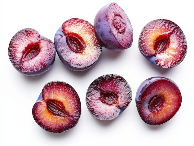 Photo fresh purple plums cut in half