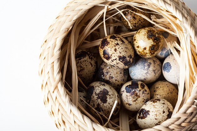 Fresh quail eggs at wooden plate closeup