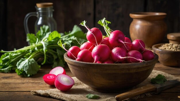 Fresh Radishes in a Bowl on a Rustic Wooden Table