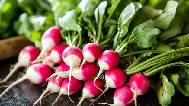 Photo fresh radishes with greens on dark background