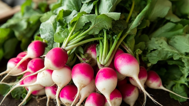 Photo fresh radishes with greens on dark background