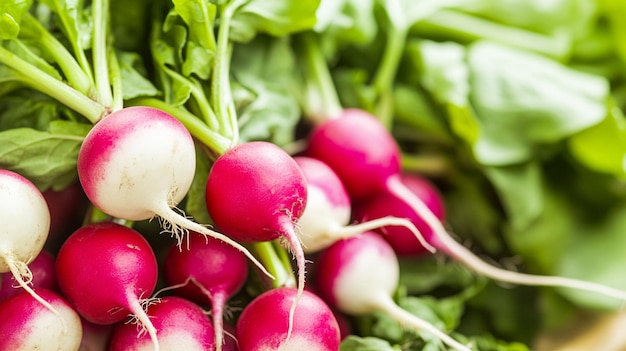 Photo fresh radishes with greens on dark background