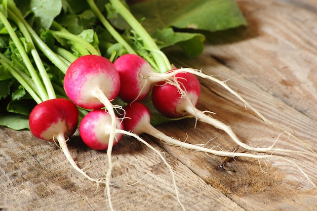 Fresh radishes on a wooden table, selective focus