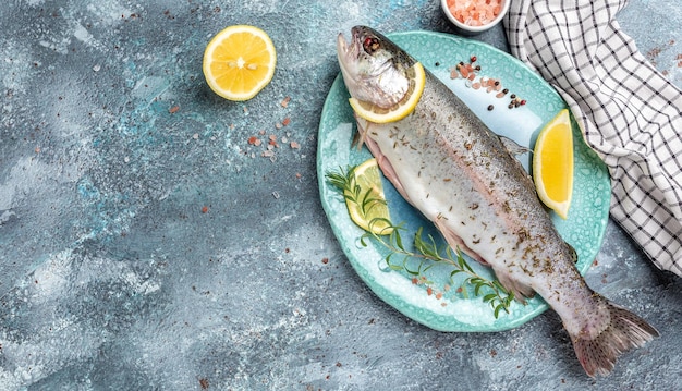 Fresh rainbow trout with salt pepper lemon and rosemay Tasty fishes preparing for lunch Healthy eating concept banner menu recipe place for text top view