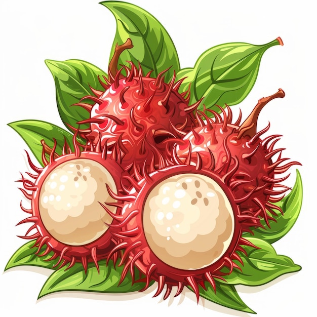 Fresh Rambutan Fruit with Green Leaves