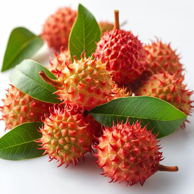 Fresh Rambutan Fruits with Stems and Leaves on a Pristine White Background