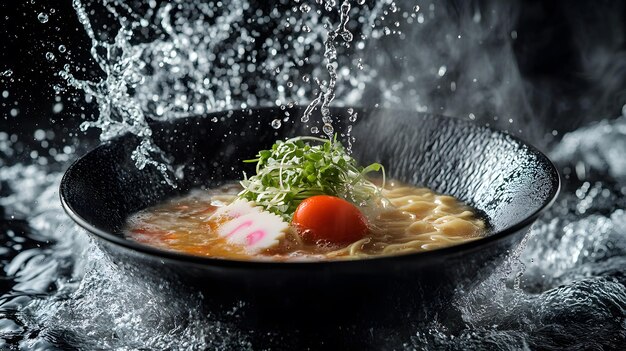 Photo a fresh ramen half suspended in midair droplets of water glistening on its surface captured in a dynamic moment with splashes surrounding it set against a dark textured background to enhance its