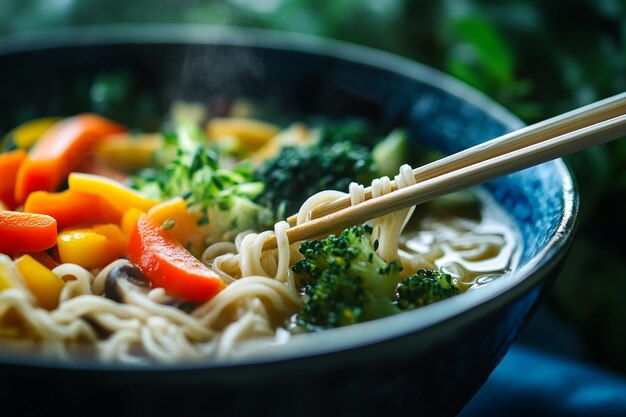 Fresh ramen soup cooked veggies chopsticks at the ready