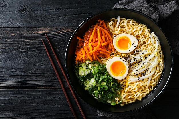 Fresh ramen soup cooked veggies chopsticks at the ready