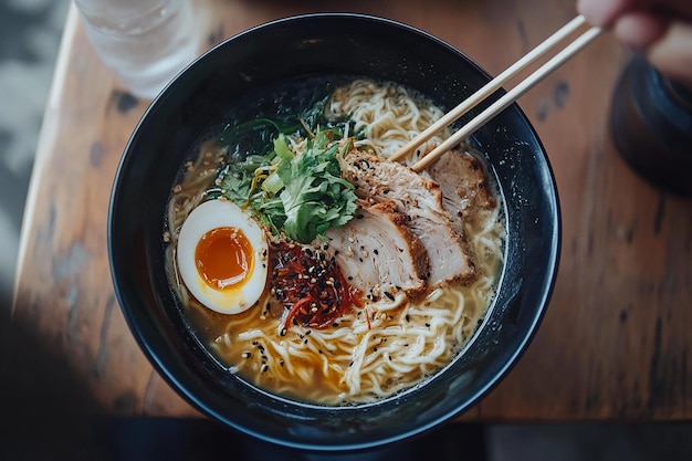 Fresh ramen soup cooked veggies chopsticks at the ready