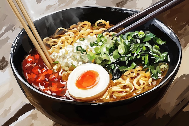 Fresh ramen soup cooked veggies chopsticks at the ready