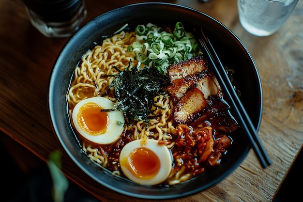 Fresh ramen soup cooked veggies chopsticks at the ready