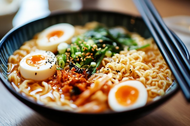 Fresh ramen soup cooked veggies chopsticks at the ready