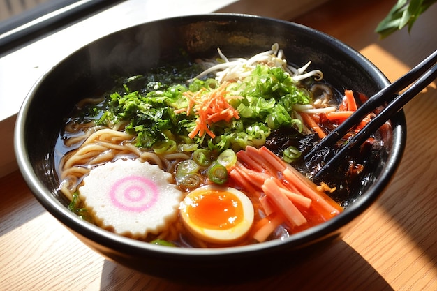 Fresh ramen soup cooked veggies chopsticks at the ready