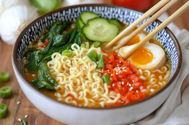 Fresh ramen soup cooked veggies chopsticks at the ready