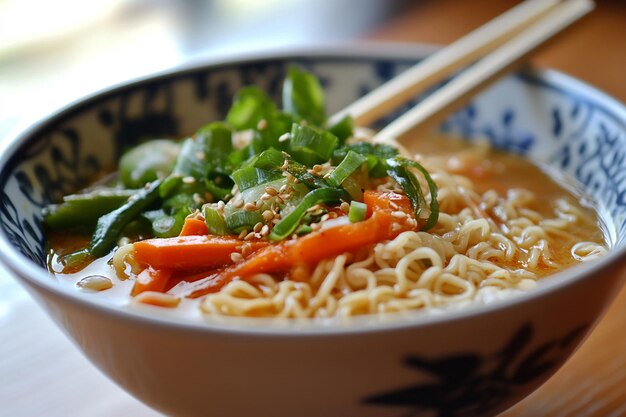 Fresh ramen soup cooked veggies chopsticks at the ready