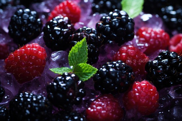 Fresh Raspberries and Blackberries with Ice and Mint