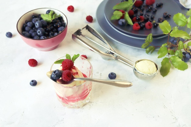 Fresh raspberries and blueberries creamy ice cream poured with fruit syrup light background