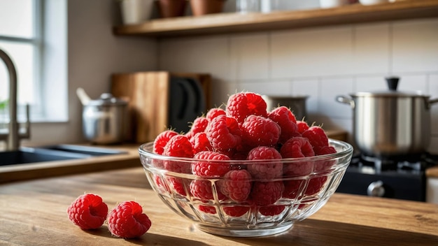 Fresh Raspberries in a Bowl on a Wooden Kitchen Counter