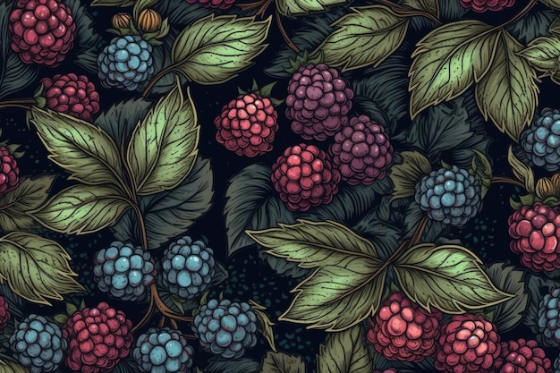 Fresh raspberries and leaves on a black background Generative AI