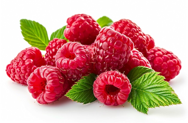 Fresh raspberries with leaves isolated on white background close up