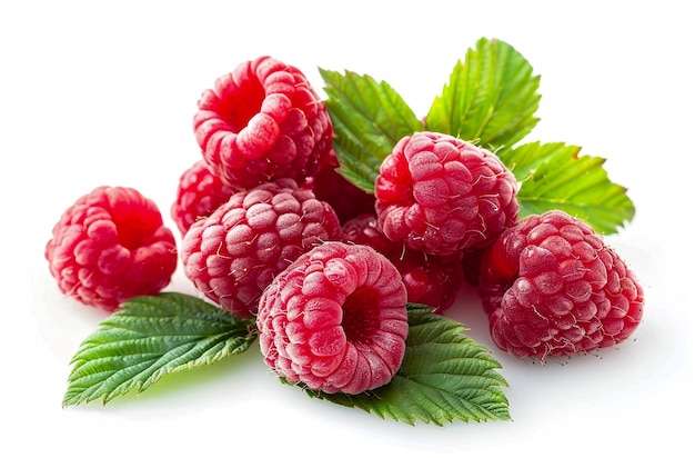 Fresh raspberries with leaves isolated on white background close up