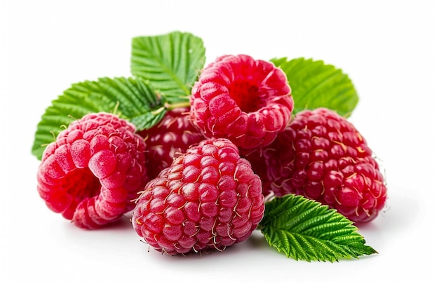 Fresh raspberries with leaves isolated on white background close up