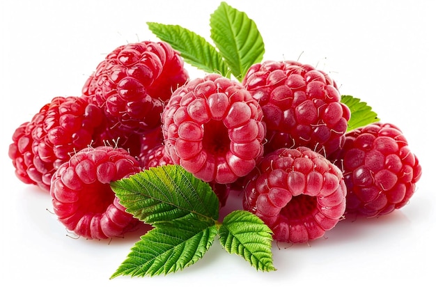 Fresh raspberries with leaves isolated on white background close up