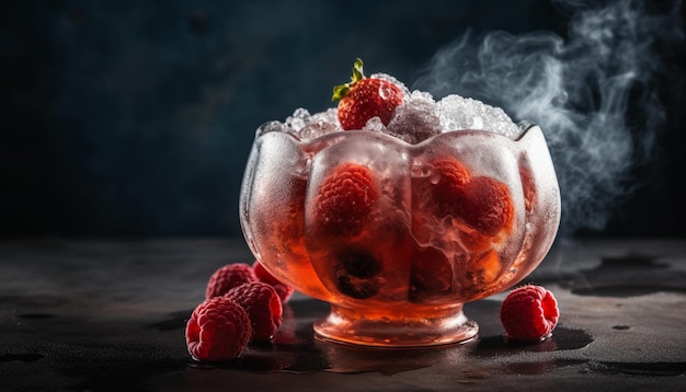 Fresh raspberry dessert on wooden table a summer gourmet delight generated by artificial intelligence