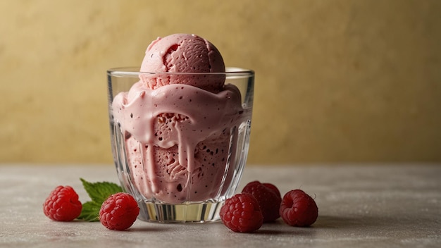 Fresh raspberry ice cream in a bowl