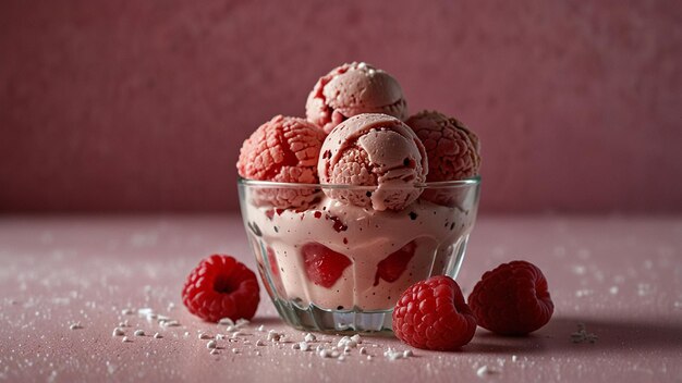 Fresh raspberry ice cream in a bowl